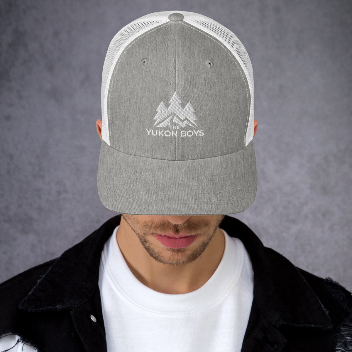 The Yukon Boys Trucker Cap in Heather Grey White, front view