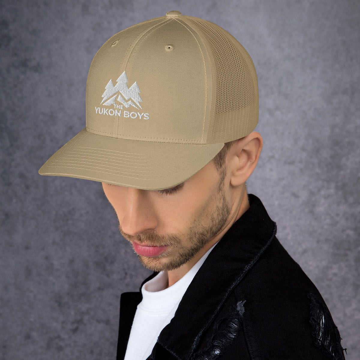 The Yukon Boys Trucker Cap in Khaki, left side view