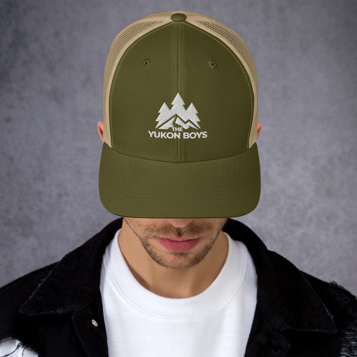 The Yukon Boys Trucker Cap in Moss Khaki, front view