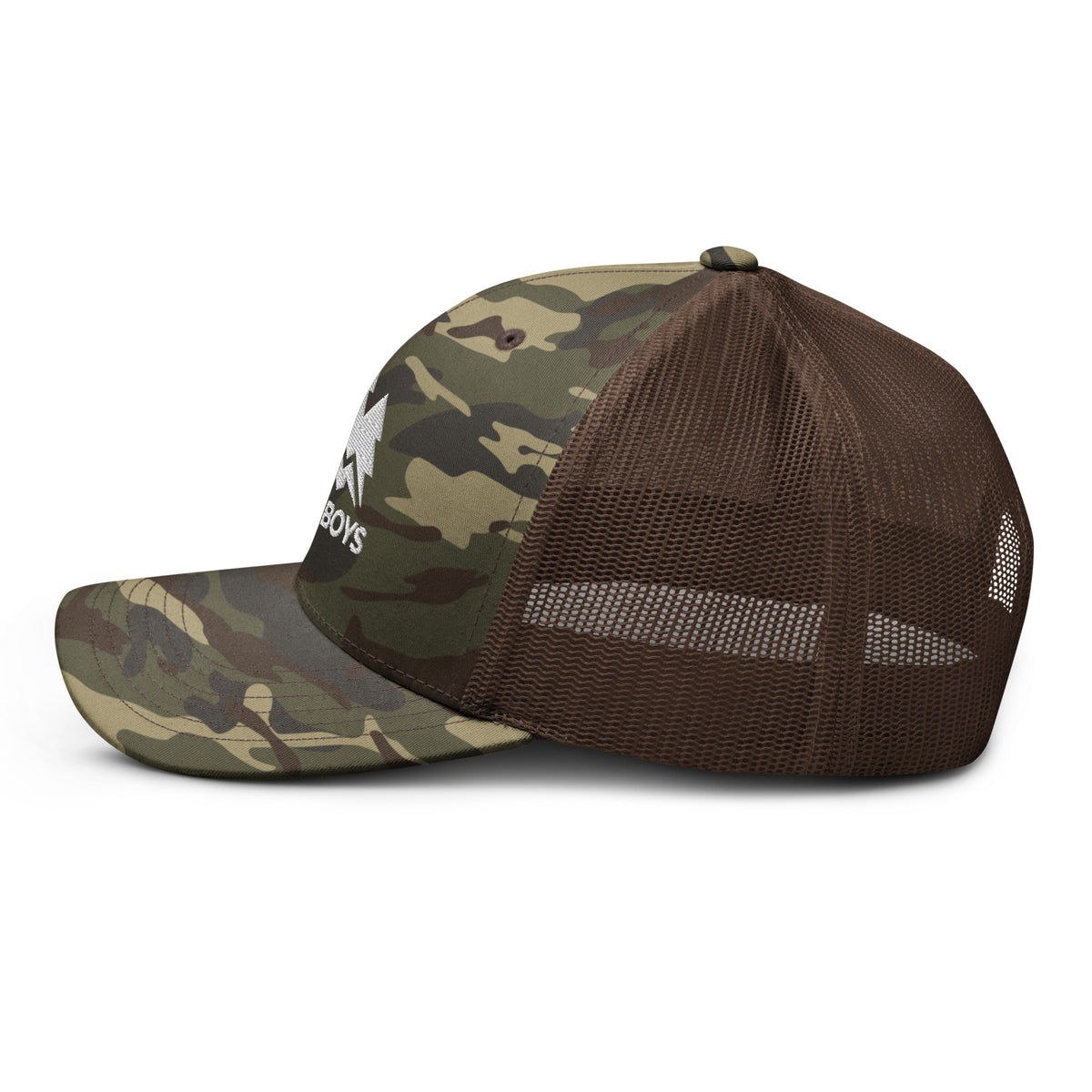 The Yukon Boys Camo Trucker Cap in Camo Brown, left side view 2