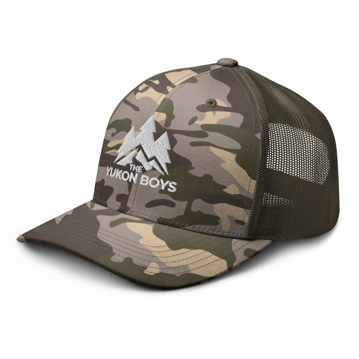 The Yukon Boys Camo Trucker Cap in Camo Olive, left front view