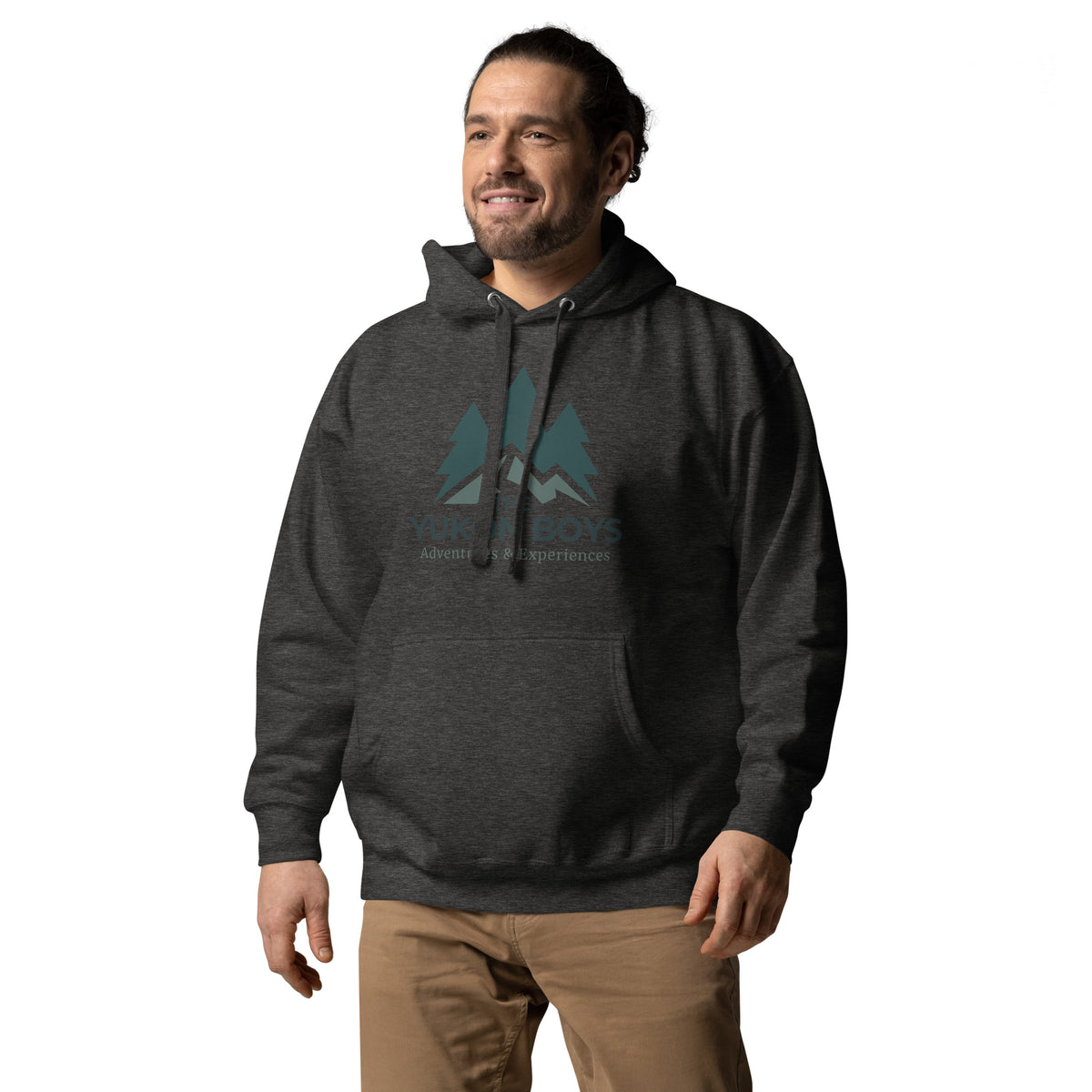 The Yukon Boys Hoodie in Charcoal Heather, left front view